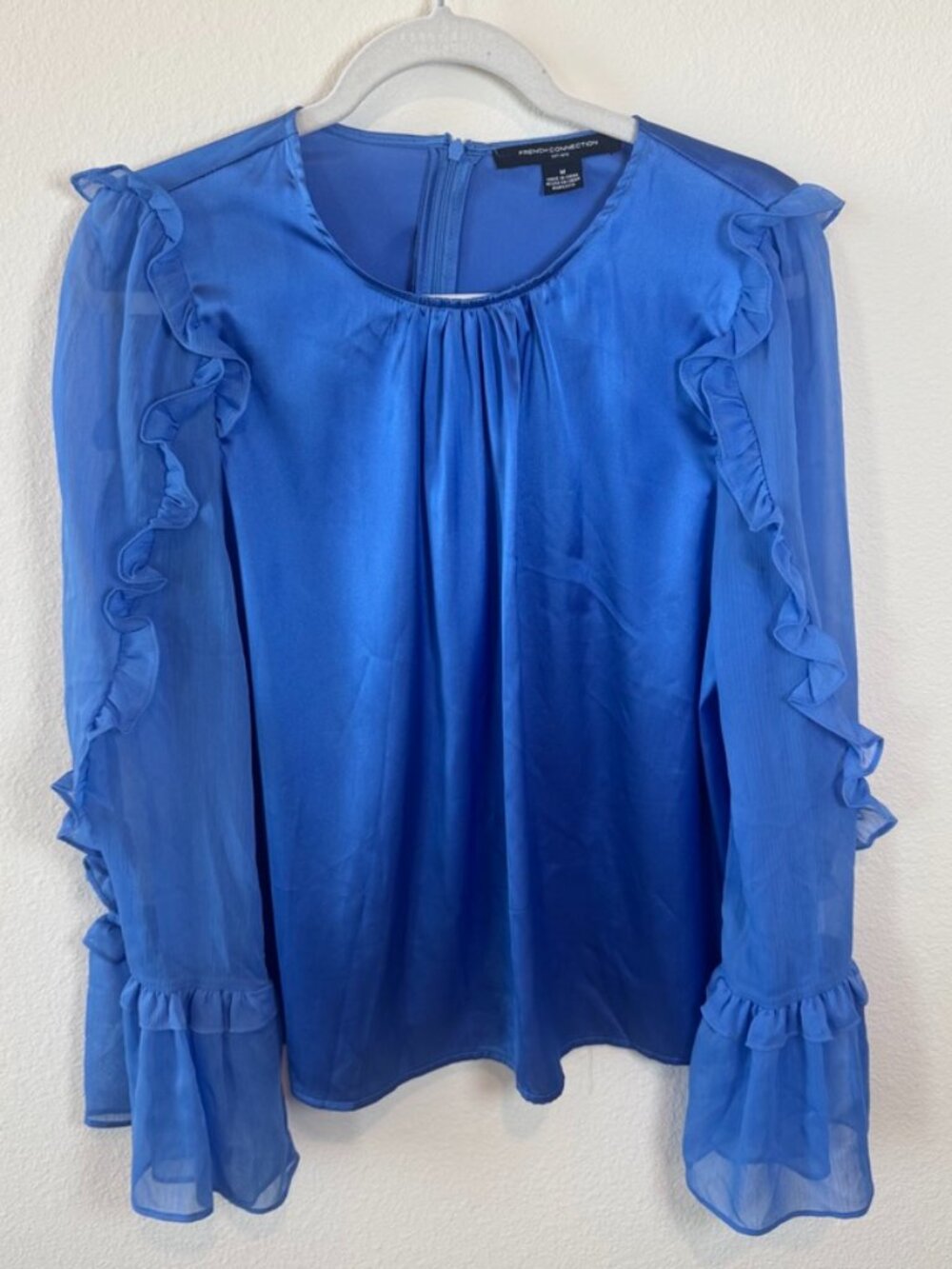 French Connection Cobalt Blue Ruffle Chiffon Sleeve Blouse Size M